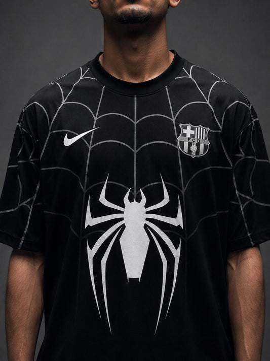Barcelona Spider-Man Football Jersey – Black | BarcaXSpider | Oversize Embroidery | Kit Culture