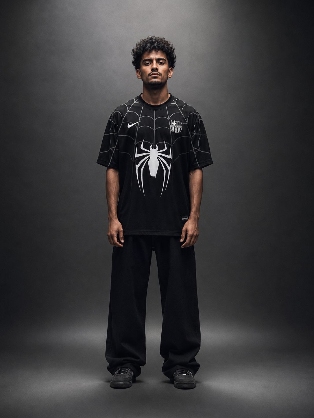 Barcelona Spider-Man Football Jersey – Black | BarcaXSpider | Oversize Embroidery | Kit Culture