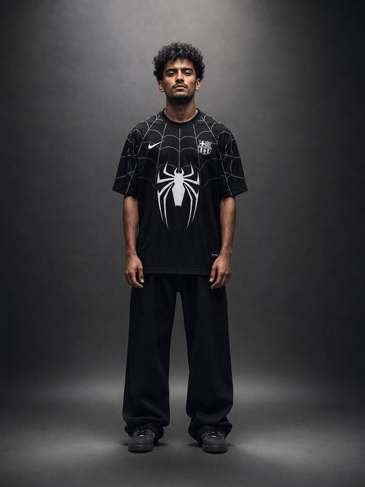 Barcelona Spider-Man Football Jersey – Black | BarcaXSpider | Oversize Embroidery | Kit Culture