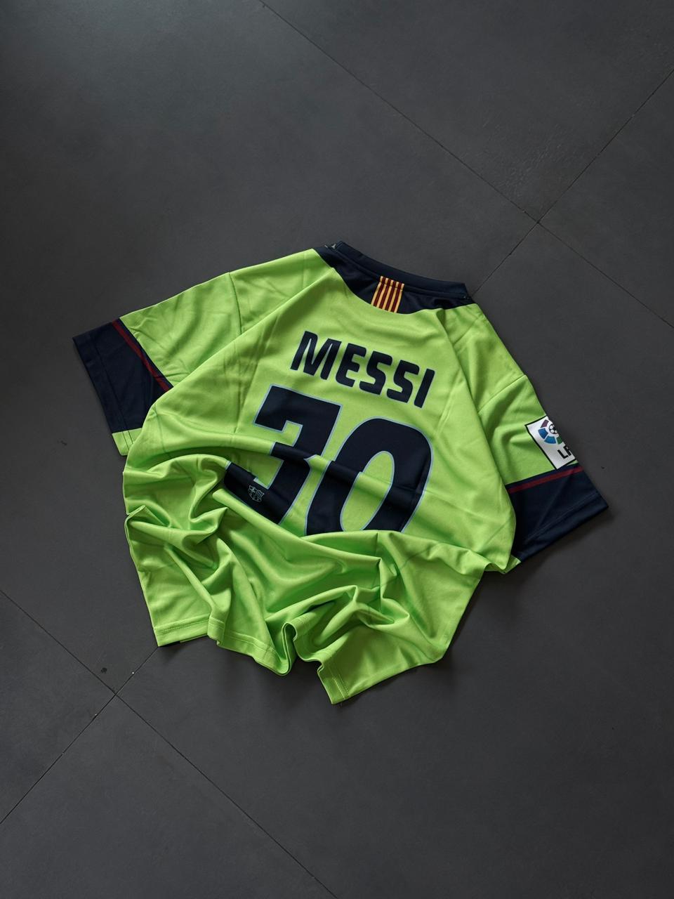 Barcelona Neon Green Away Jersey (Messi 30) – Embroidered Crest | Kit Culture