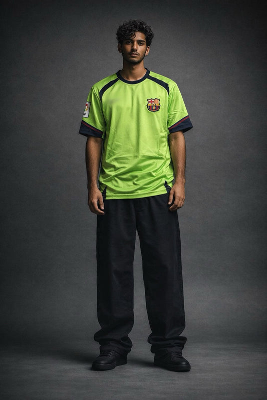 Barcelona Neon Green Away Jersey (Messi 30) – Embroidered Crest | Kit Culture